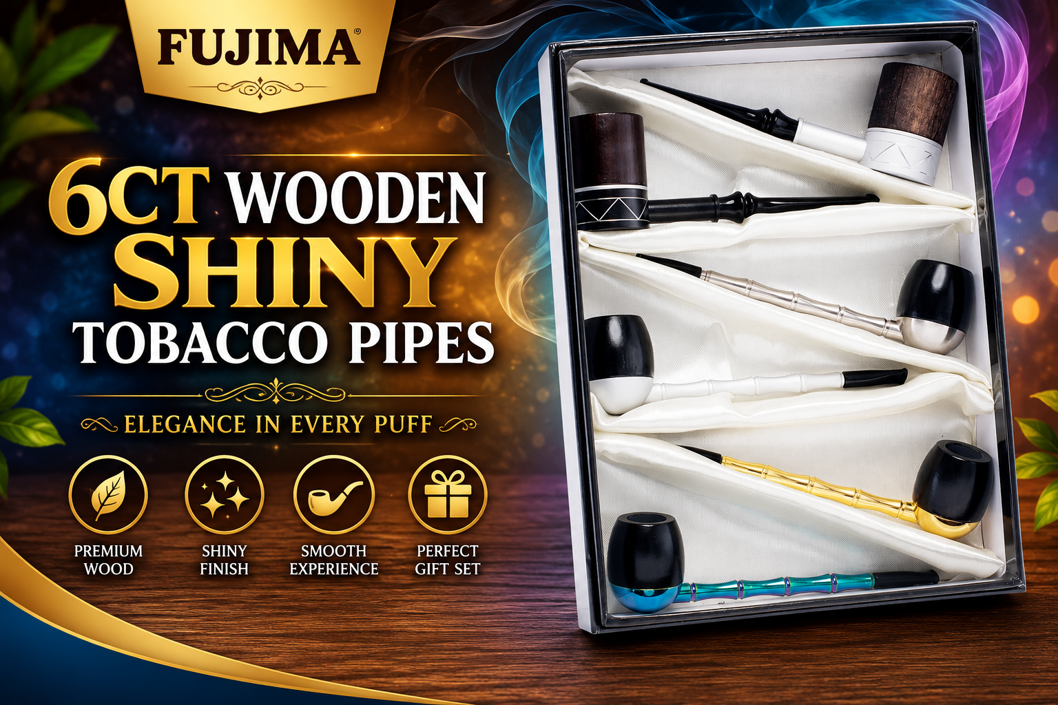Fujima 6CT Wooden Shiny Tobacco Pipes (C20) product image