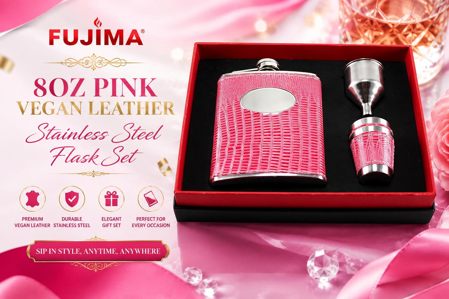 Fujima 8OZ Pink Vegan Leather Wrapped Stainless Steel Flask Set 2 product image