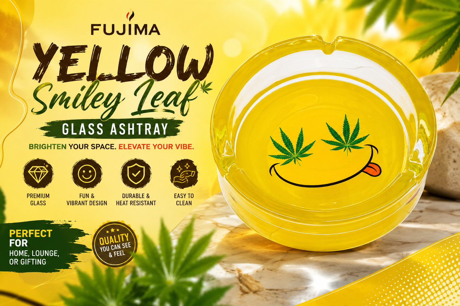 Ashtray 6.25" Fujima Yellow Smiley Leaf Glass GA88 Assorted 1CT (C6) product image