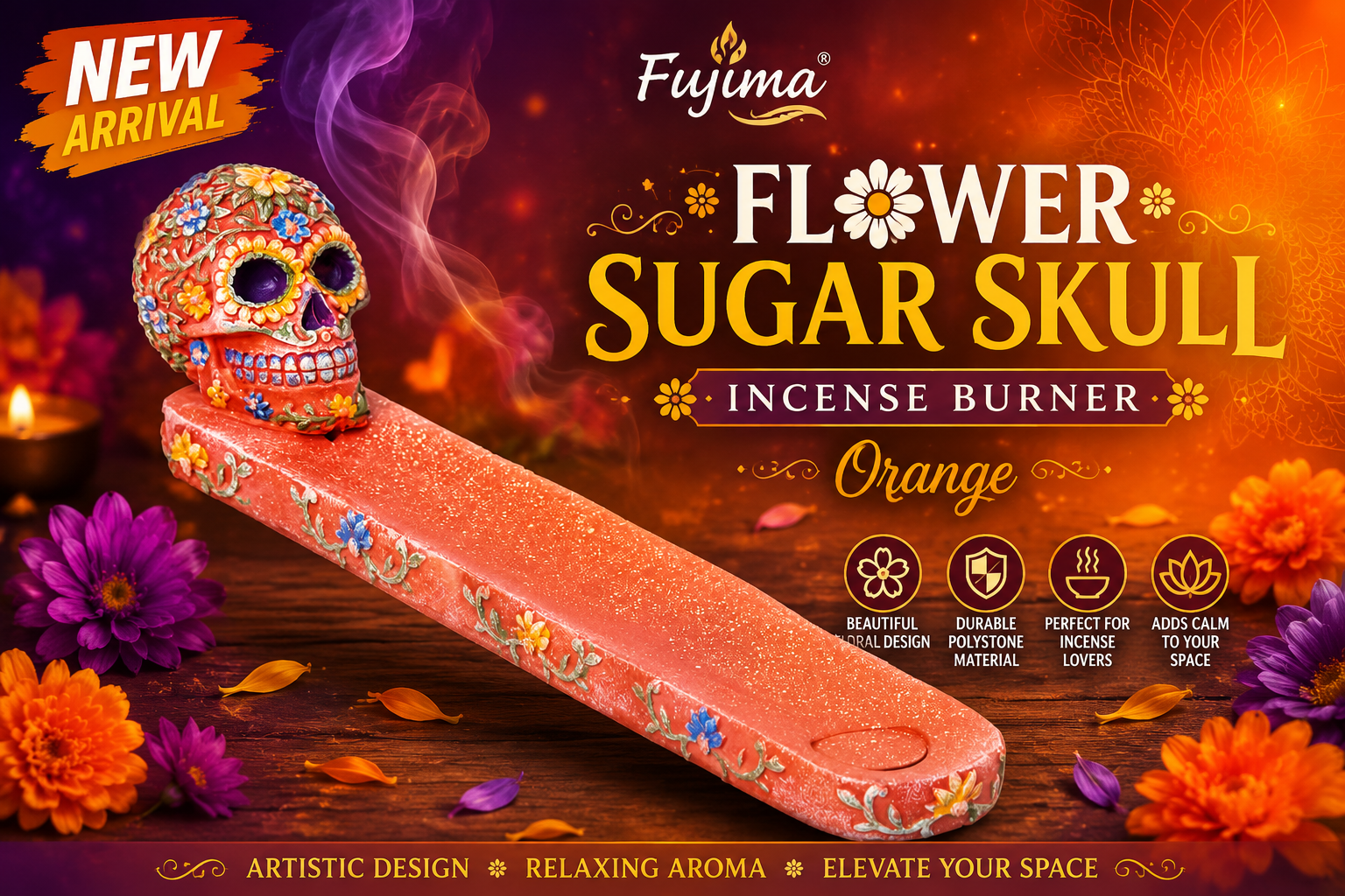 Fujima 10" Flower Sugar Skull Incense Burner Orange (C48) product image