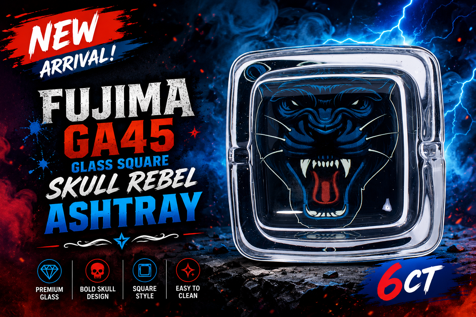 Ashtray 4.5" Fujima Ga45 Glass Square Skull Rebel 6CT (C6) product image