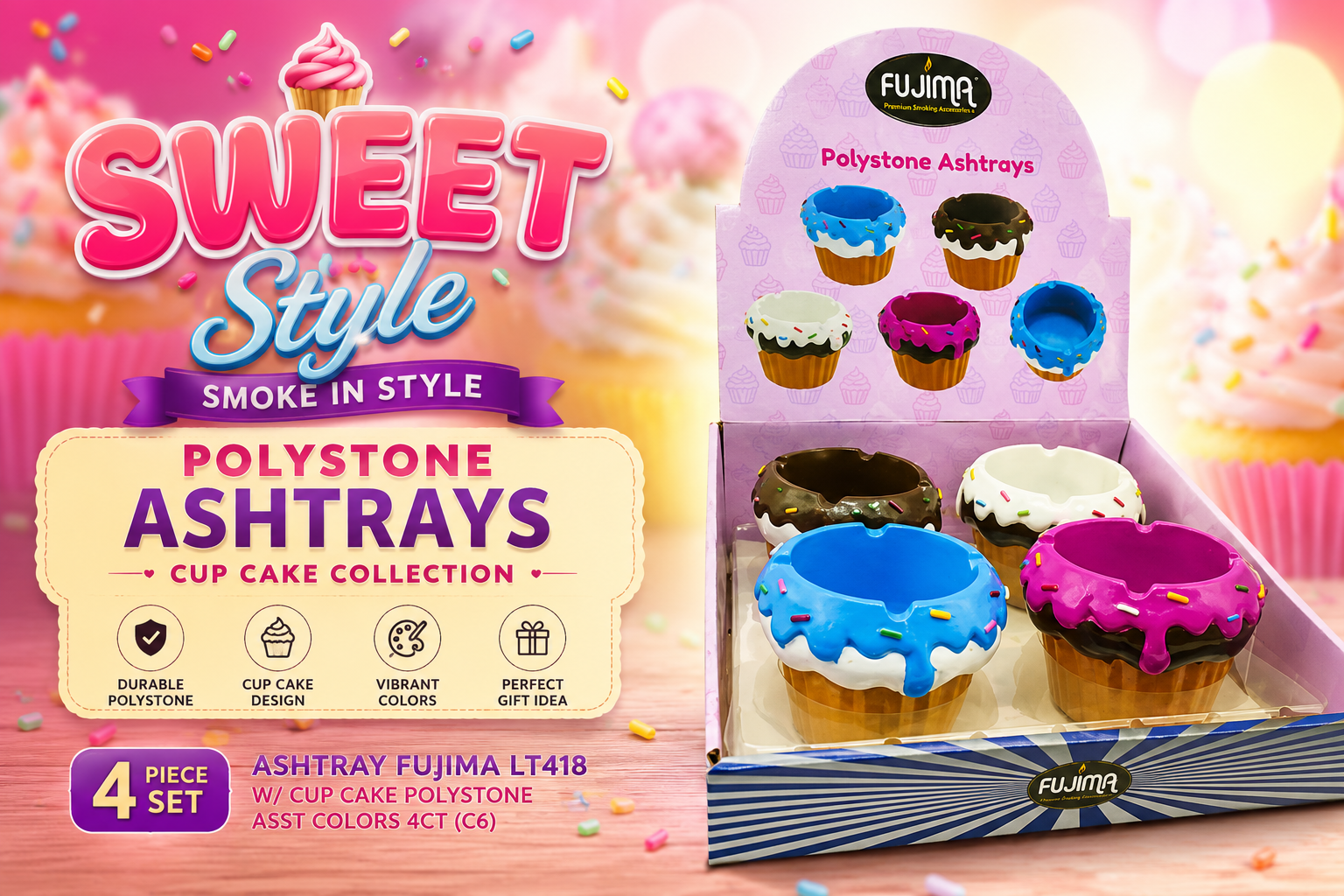 Ashtray Fujima LT418 W/ Cup Cake Polystone Asst Colors 4CT (C6) product image