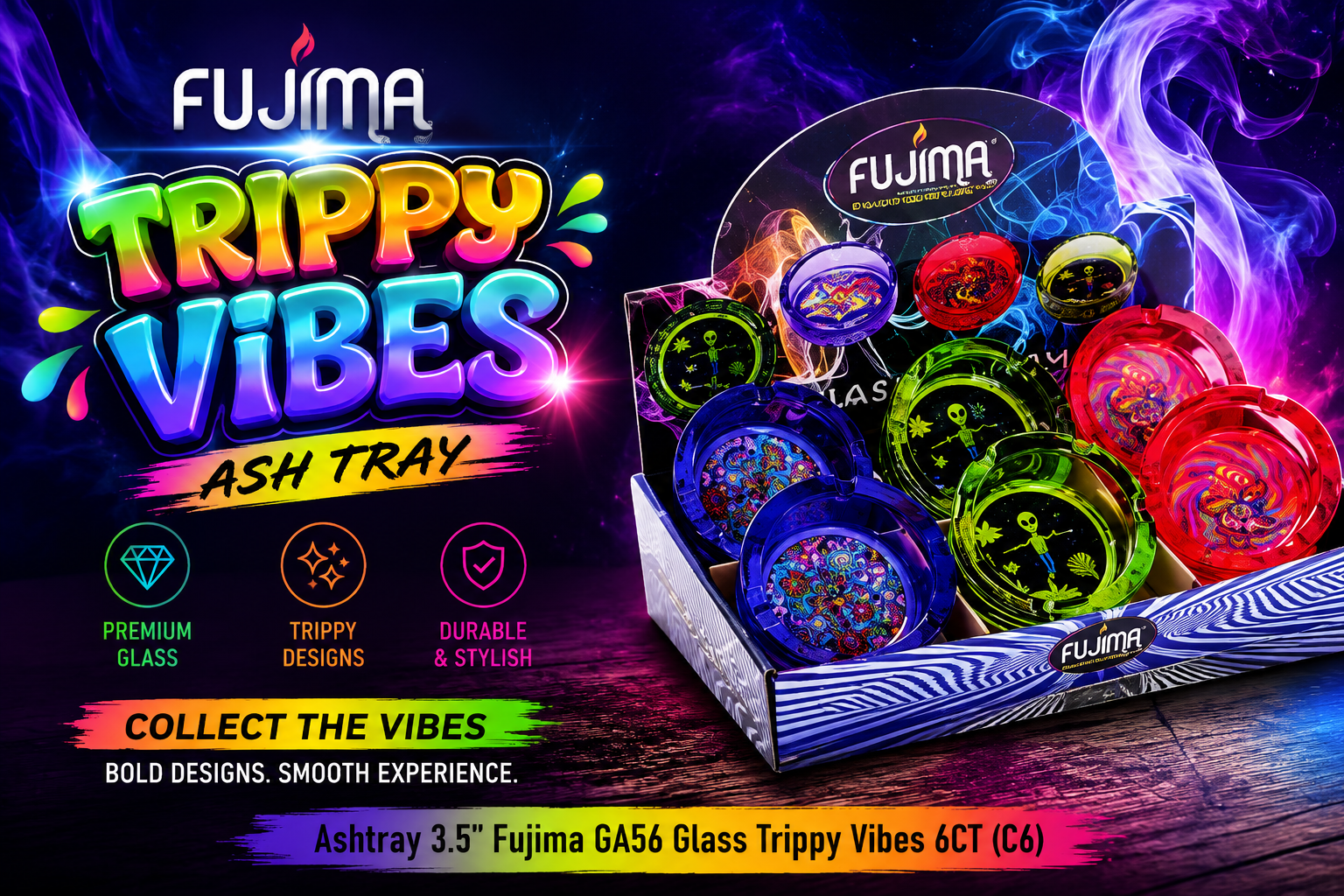 Ashtray 3.5" Fujima Ga56 Glass Trippy Vibes 6CT (C6) product image