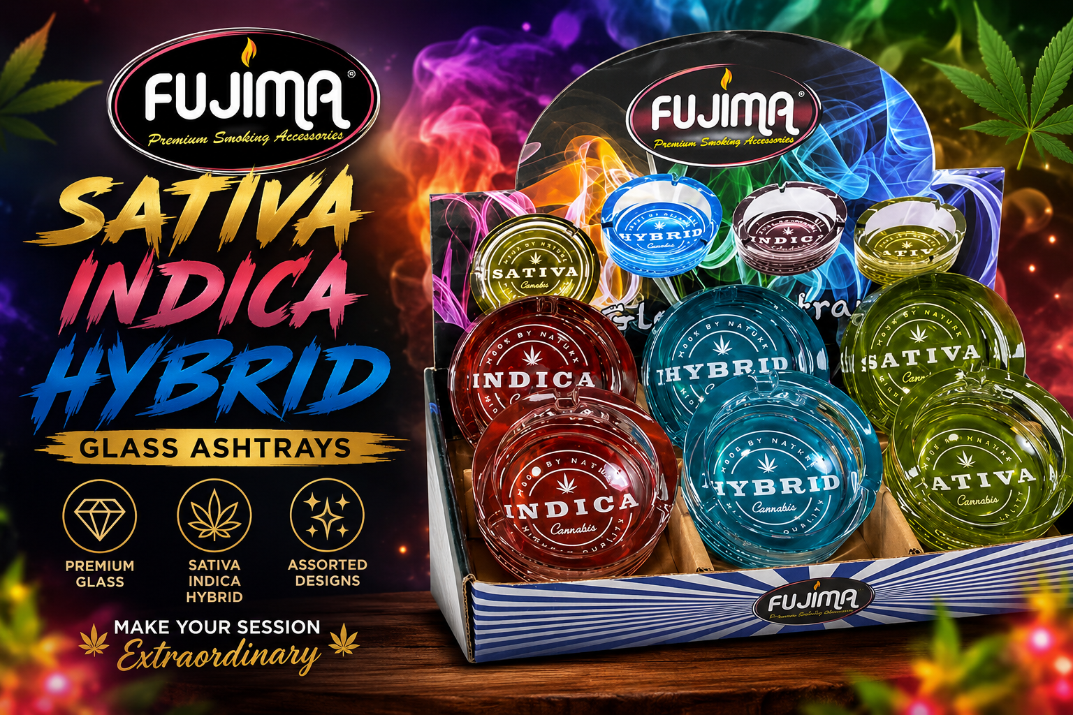 Ashtray 3.5" Fujima Ga38 Sativa/Indica/Hybrid Glass Assorted 6CT (C6) product image