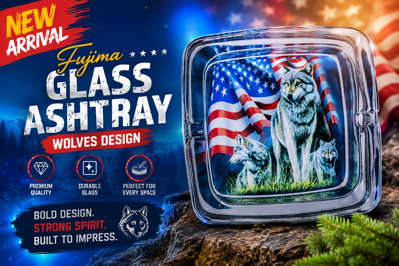 Ashtray 4.5" Fujima Ga47 Glass Square Wolves 6CT (C6) product image
