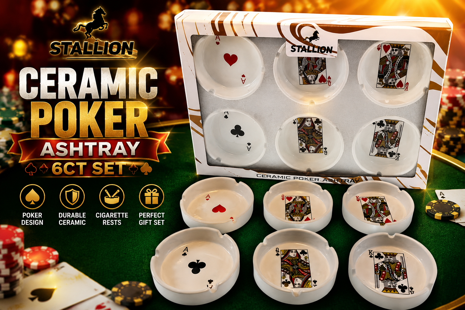 Stallion Ceramic Poker Ashtray 6Ct (C12) product image