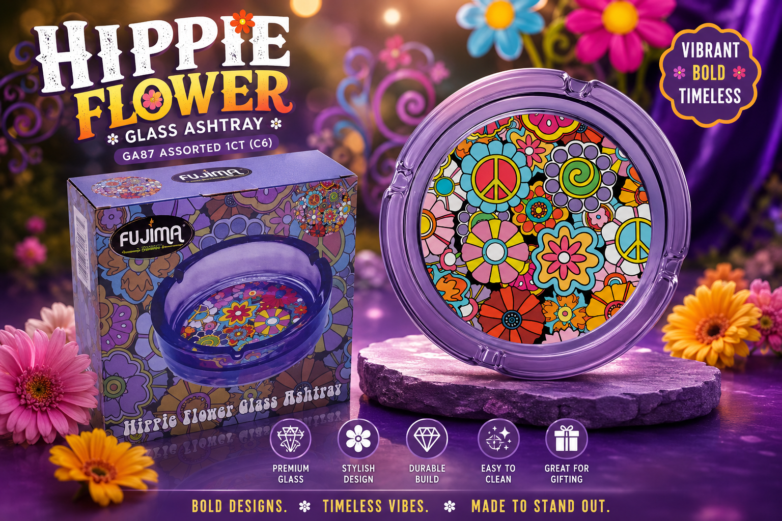 Ashtray 6.25" Hippie Flower Leaf Glass GA87 Assorted 1CT (C6) product image