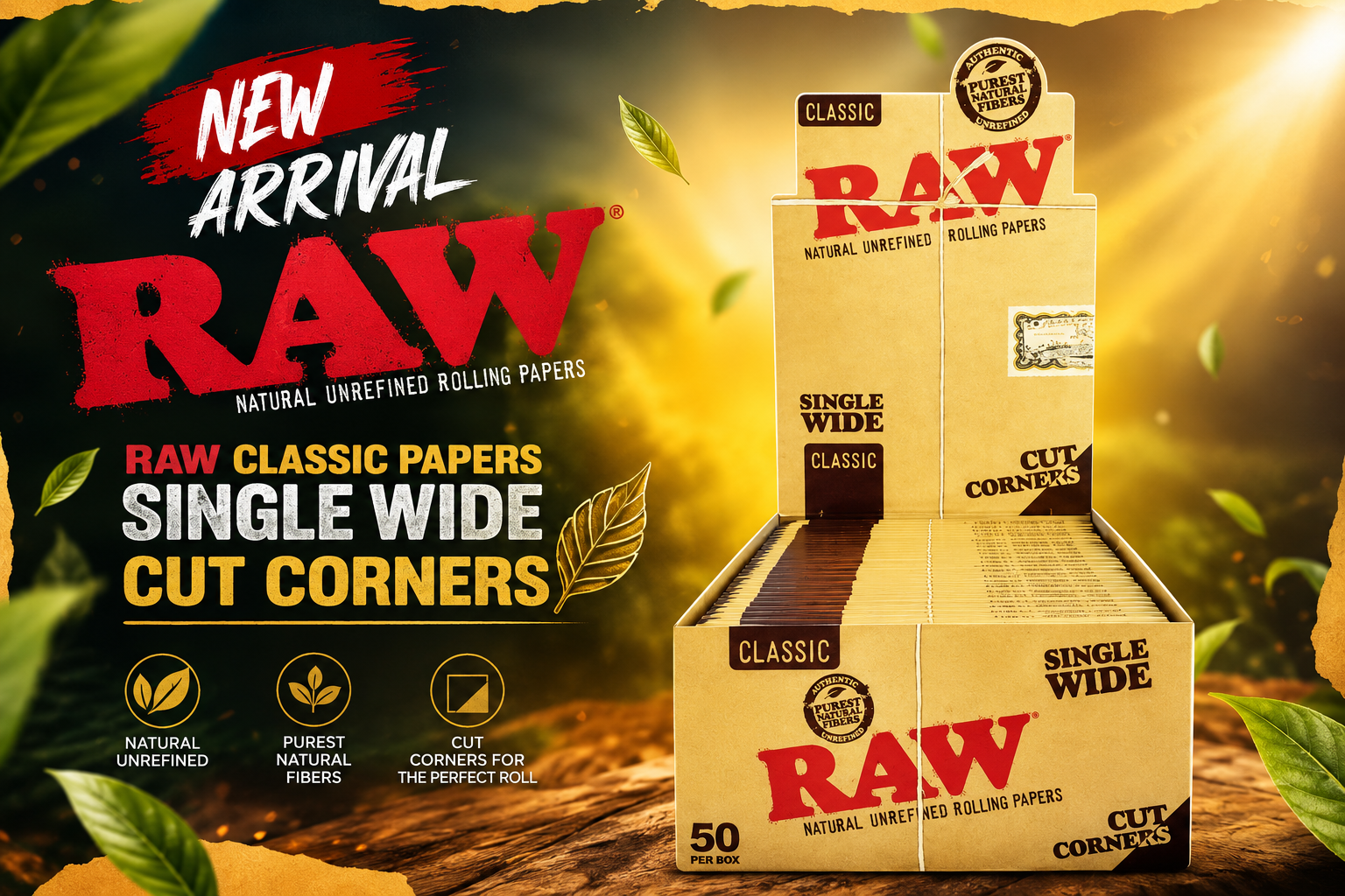 Raw Classic Papers Single Wide Cut Corners 50Ct (C24) product image
