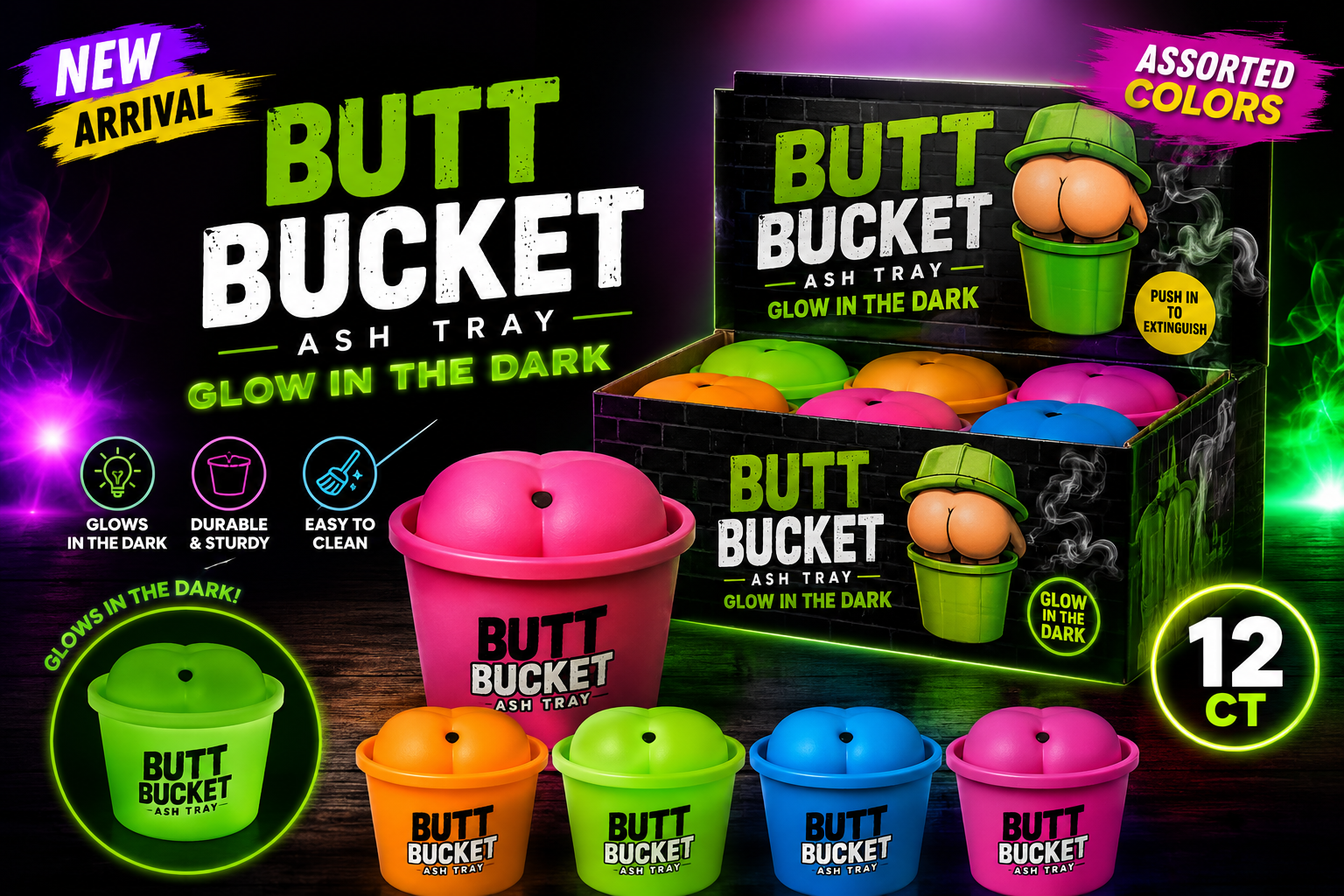 Next Butt Bucket Ash Tray Assorted Color Glow In Dark 12CT (C8) product image