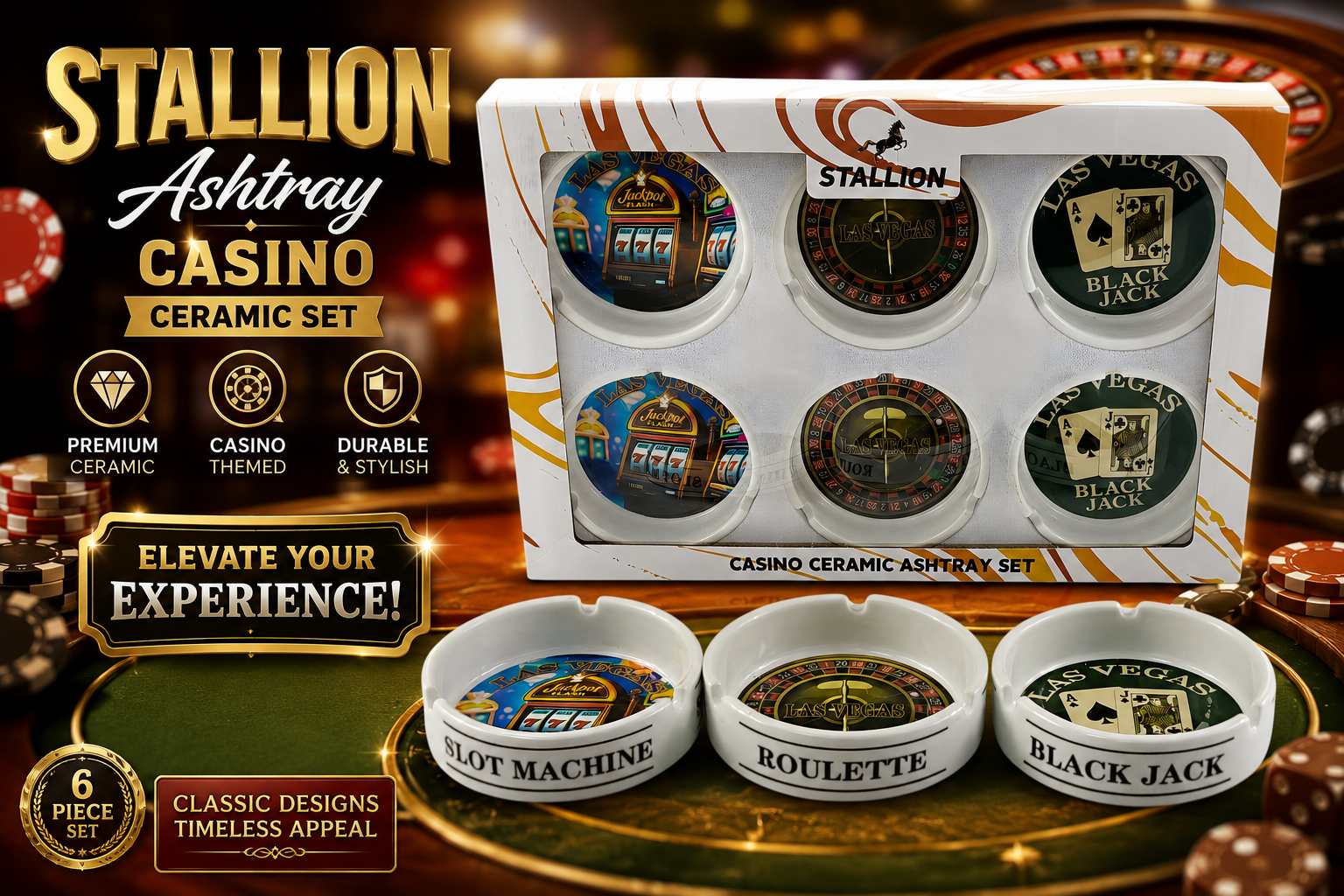 Stallion Ashtray Casino Ceramic Set 3.9" 6CT (C12) product image
