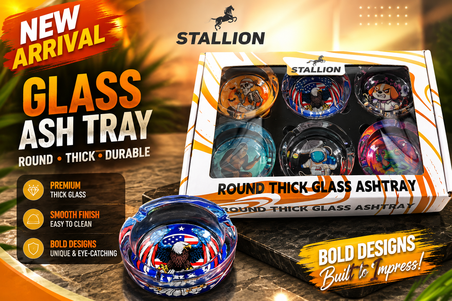 Stallion Ashtray Glass Round Thick 3.3" 6CT (C12) product image