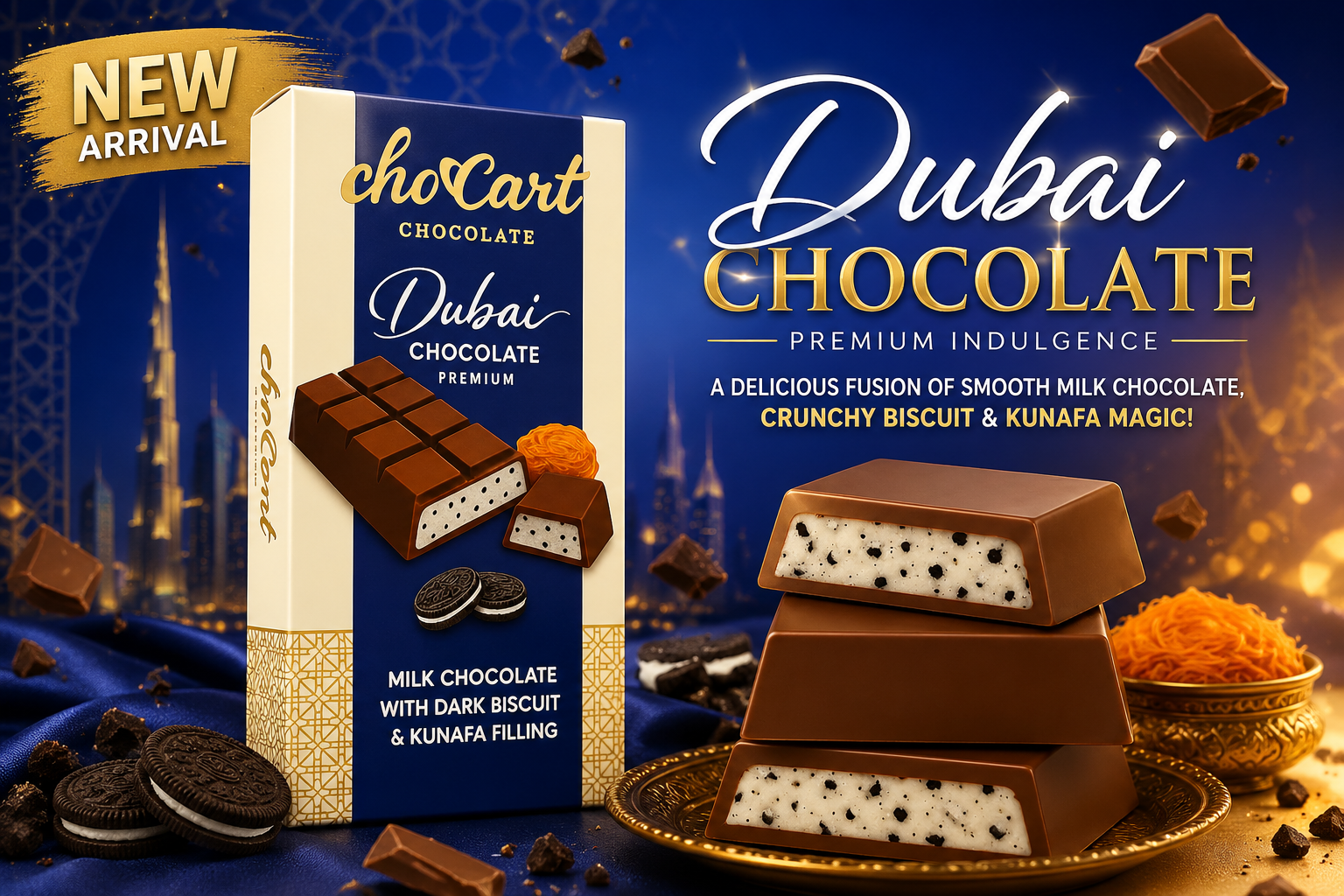 Dubai Chocolate Choccart Milk Chocolate With Dark Biscuit And Kunafa Filling 95G 12Ct (C6) product image