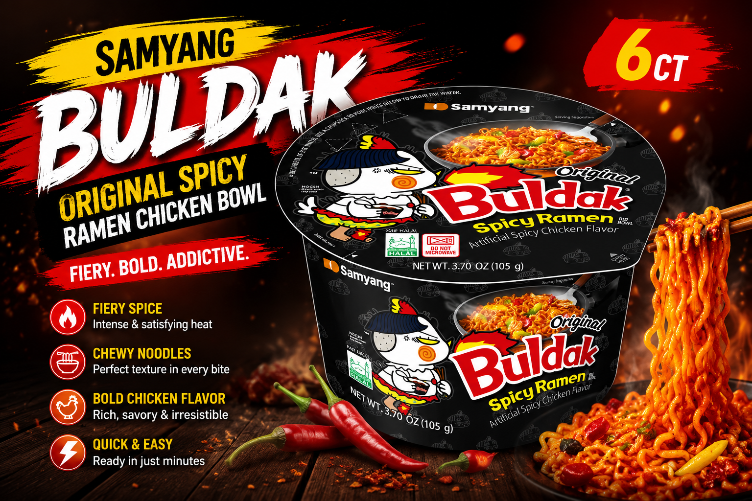 Samyang Buldak Original Spicy Ramen Chicken Bowl 3.7OZ 6CT product image