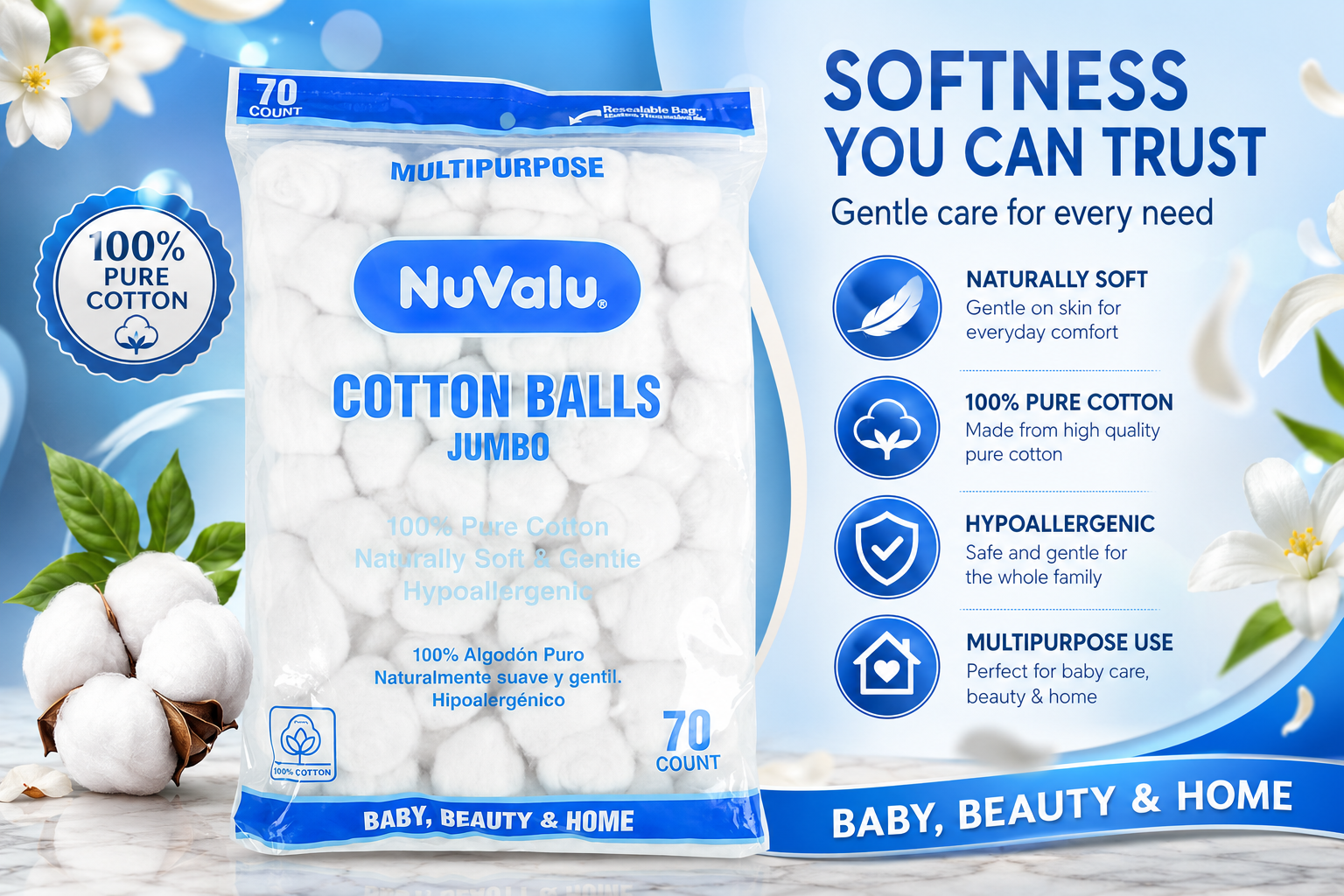 Nuvalu Cotton Balls 70Pk 1CT (C24) product image