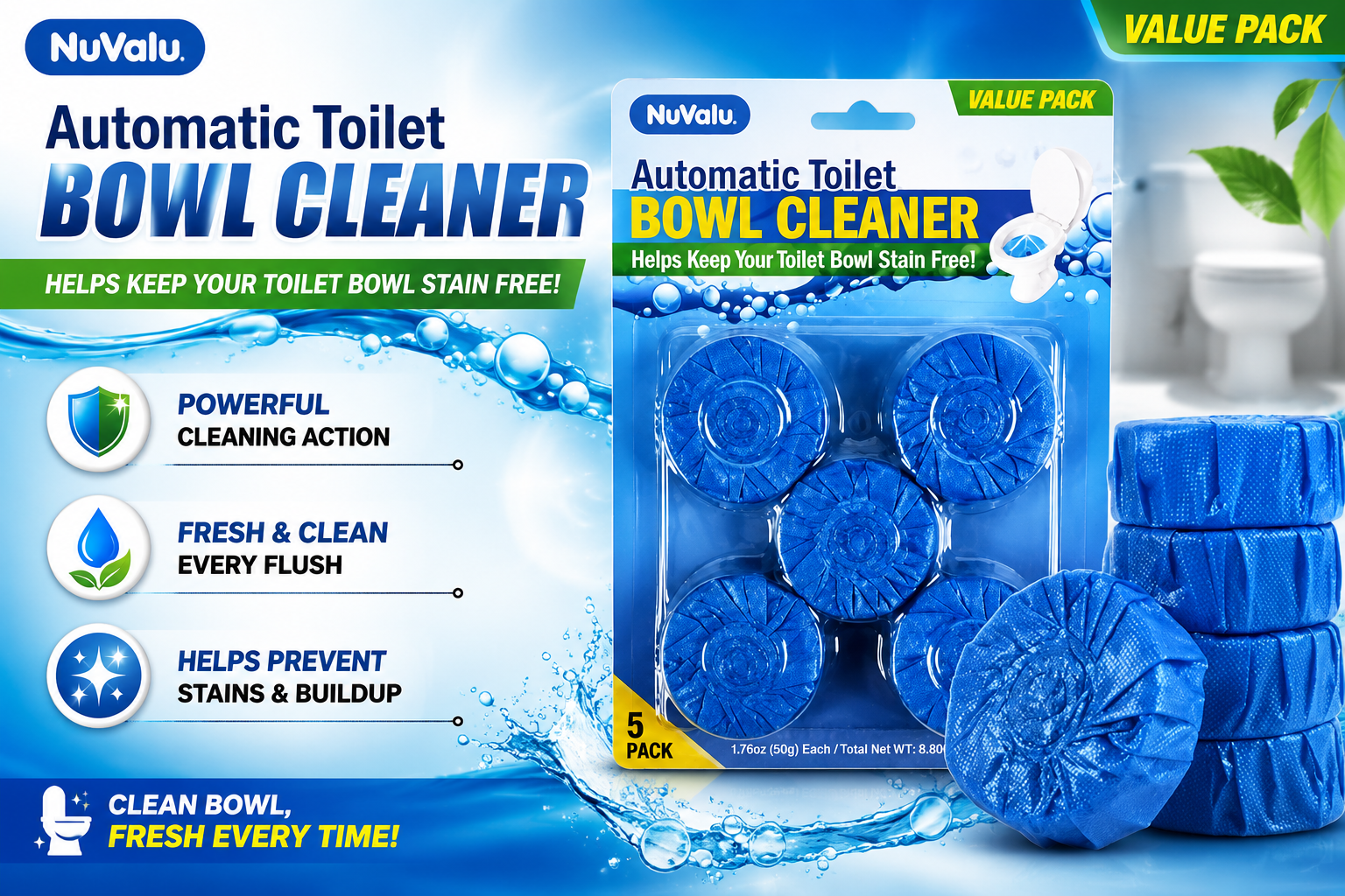 NuValu Automatic Toilet Bowl Cleaner Blue 5Pk 1CT (C24) product image