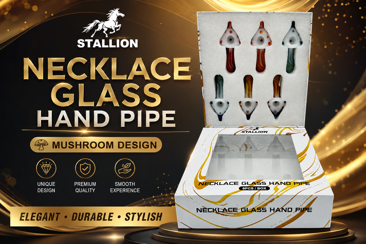 Stallion Necklace Glass Hand Pipe Mushroom Design.3.5" 6Ct (C20) product image