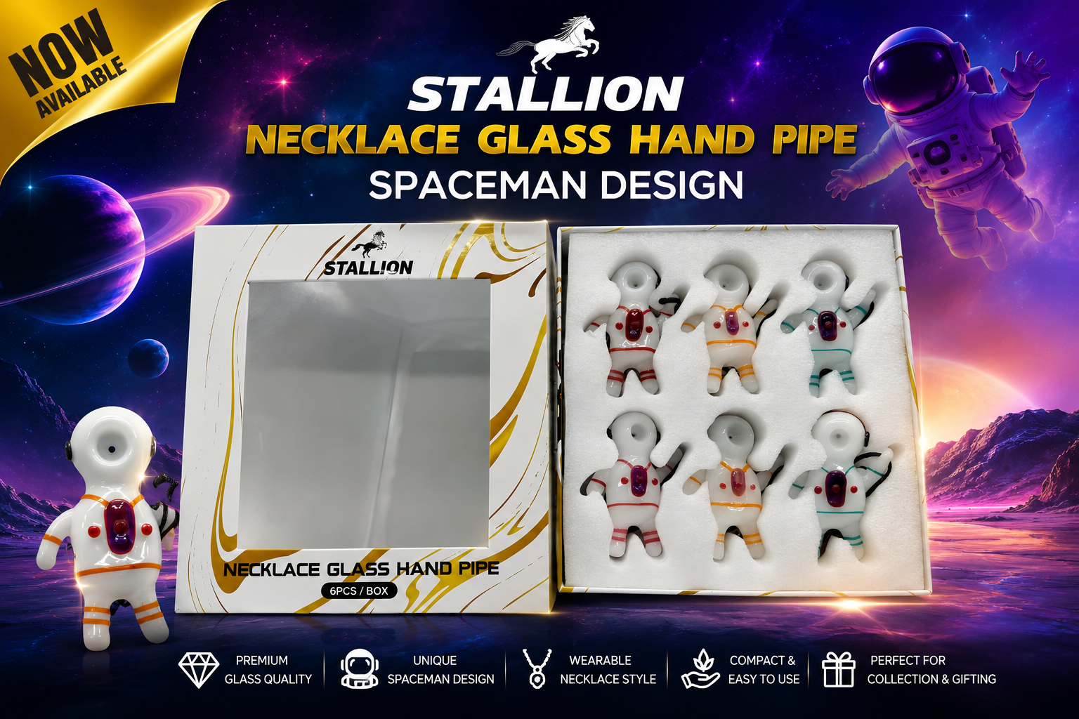 Stallion Necklace Glass Hand Pipe Spaceman Design 3.2" 6Ct (C20)  product image
