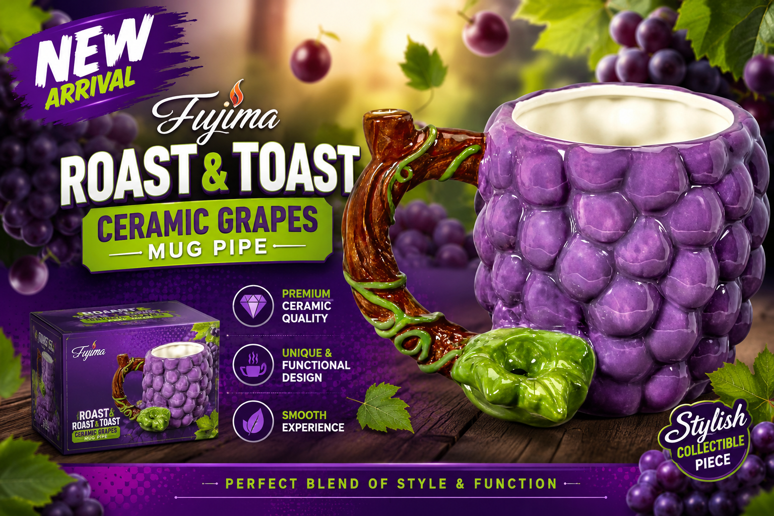 Fujima Roast & Toast Ceramic Grapes Mug Pipe 1CT (C24) C product image