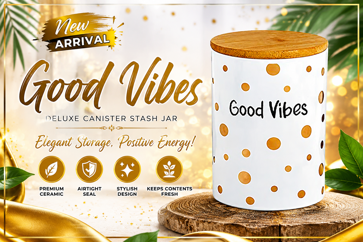 Fujima White Good Vibes Gold Polka Dots Deluxe Canister Stash Jar 1CT (C12) C product image