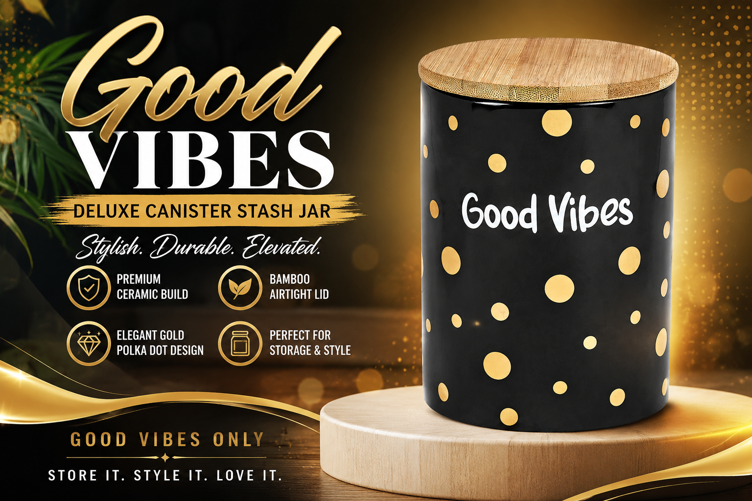 Fujima Black Good Vibes Gold Polka Dots Deluxe Canister Stash Jar 1CT (C12) C product image