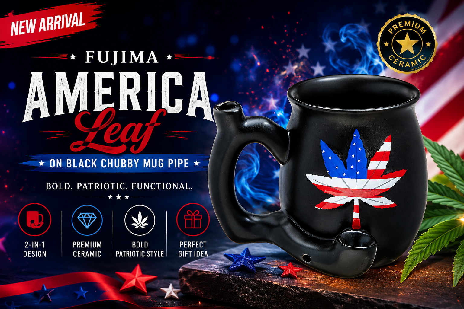 Fujima America Leaf on Black Chubby Mug Pipe 1CT (C24) C product image