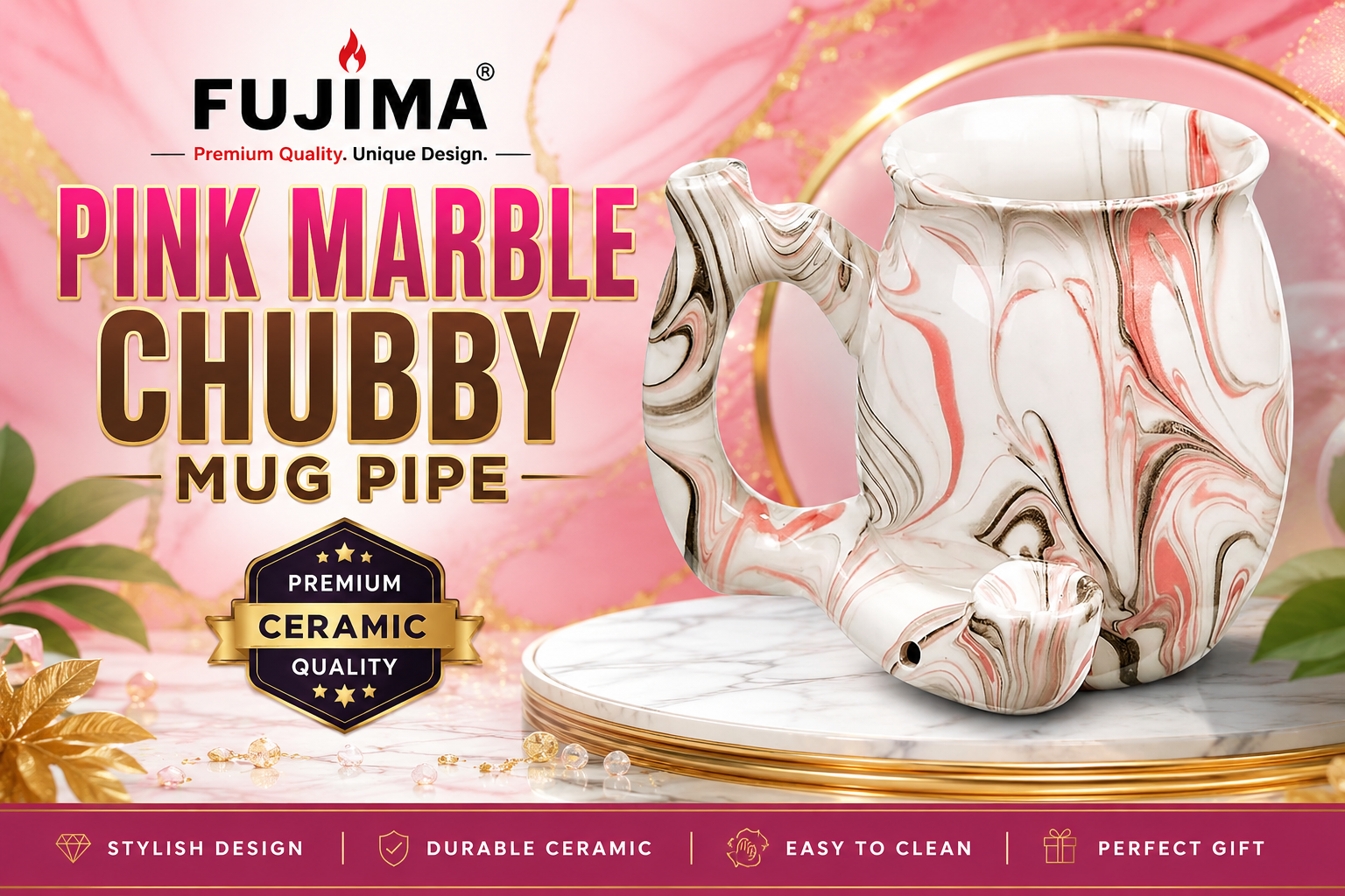 Fujima Pink Marble Chubby Mug Pipe 1CT (C24) C product image