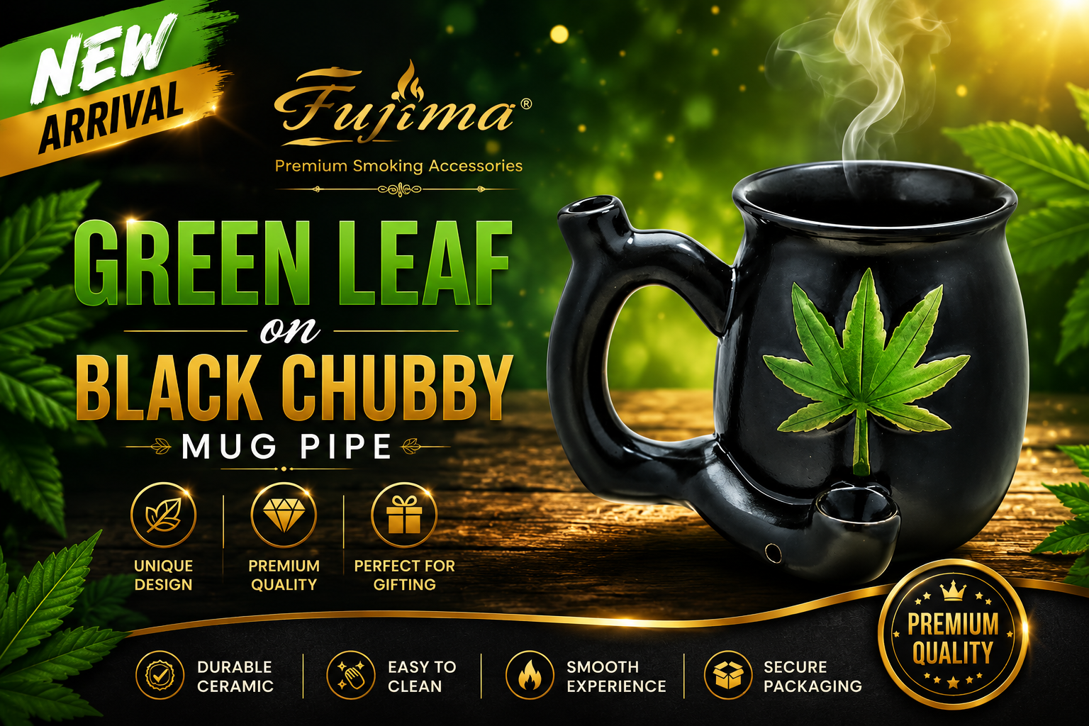 Fujima Green Leaf on Black Chubby Mug Pipe 1CT (C24) C product image
