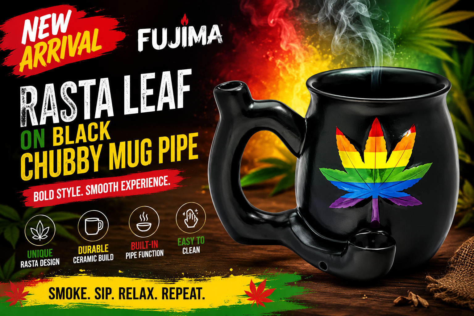 Fujima Rasta Leaf on Black Chubby Mug Pipe 1CT (C24) C product image