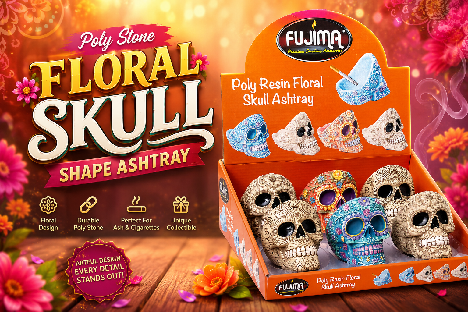Fujima Poly Stone Floral Skull Shape Ashtray 6CT (C6) product image