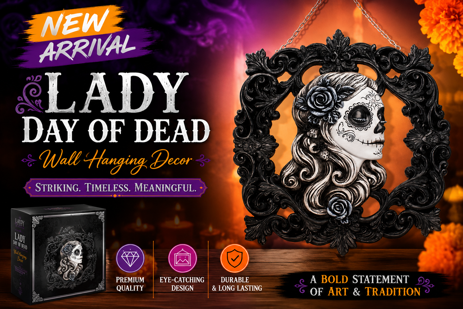 Fujima 8.4" B&W Lady Day Of Dead Wall Hanging Decor 1CT (C12) product image