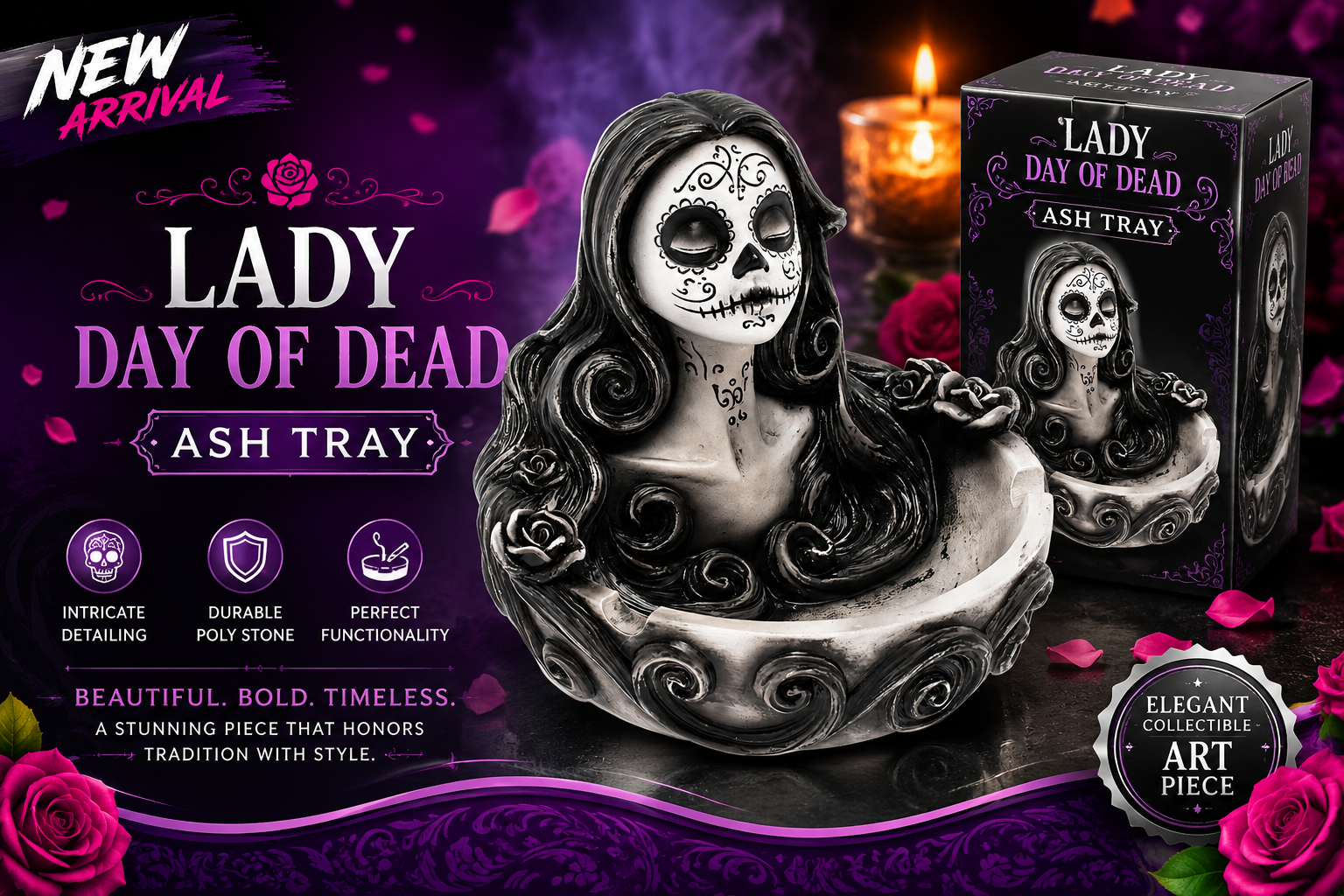 Fujima 5.1" B&W Lady Day Of Dead Ashtray 1CT (C18) product image