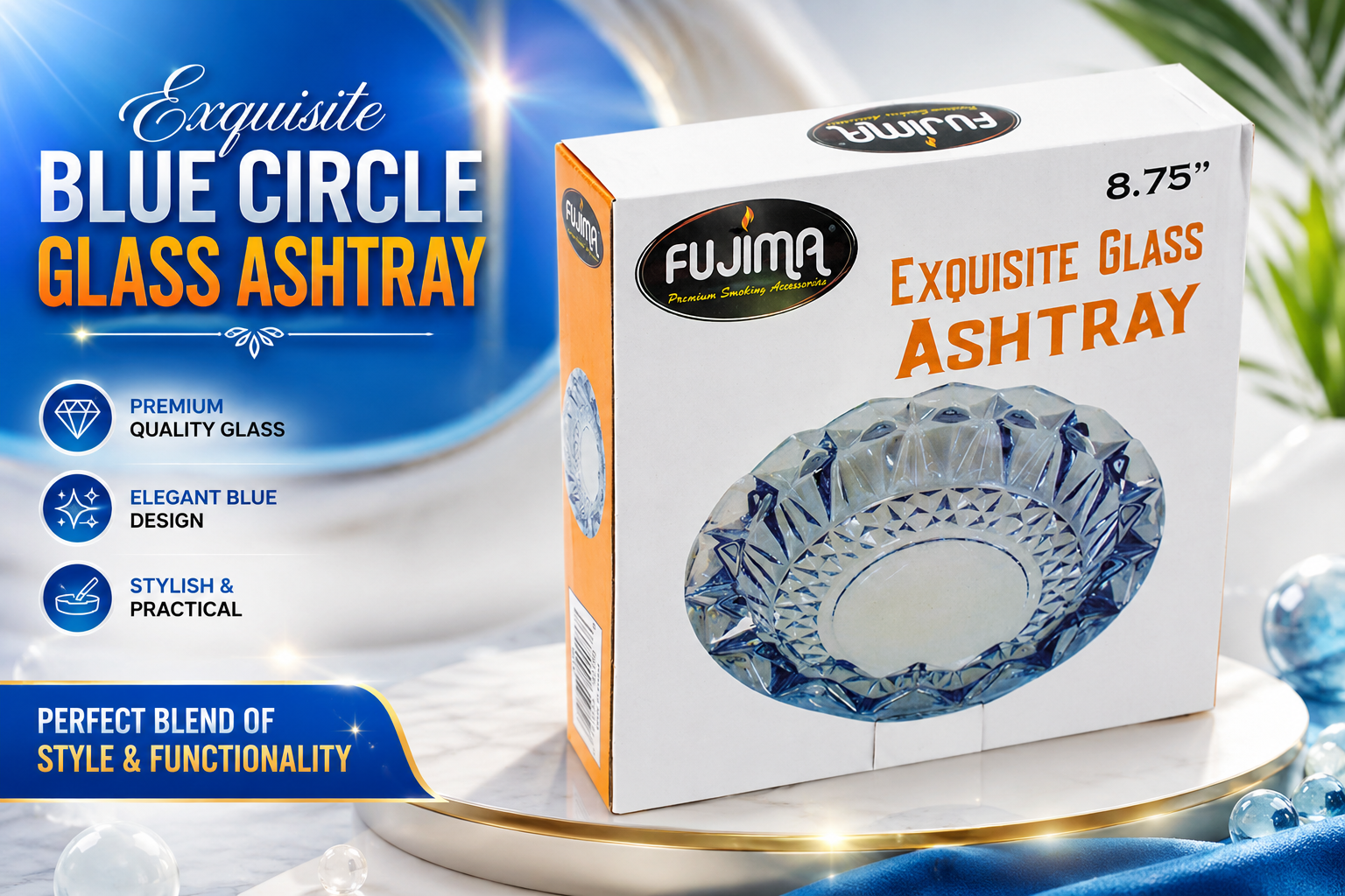 Fujima 8.75" Exquisite Blue Circle Glass Ashtray 1CT (C12) product image