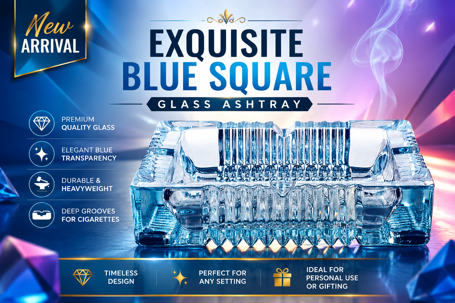 Fujima 8" Exquisite Blue Square Glass Ashtray 1CT (C12) product image