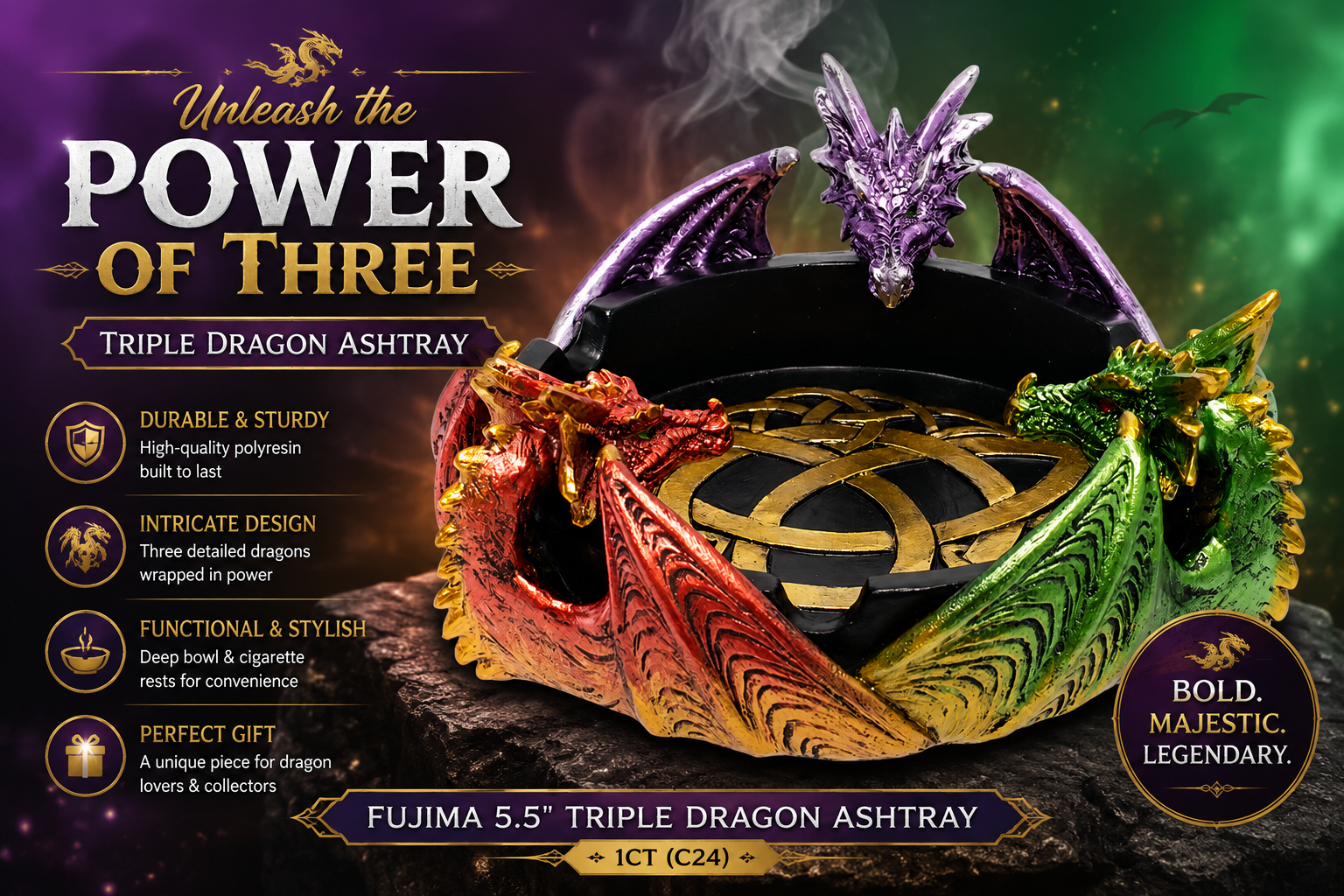Fujima 5.5" Triple Dragon Ashtray 1CT (C24) product image