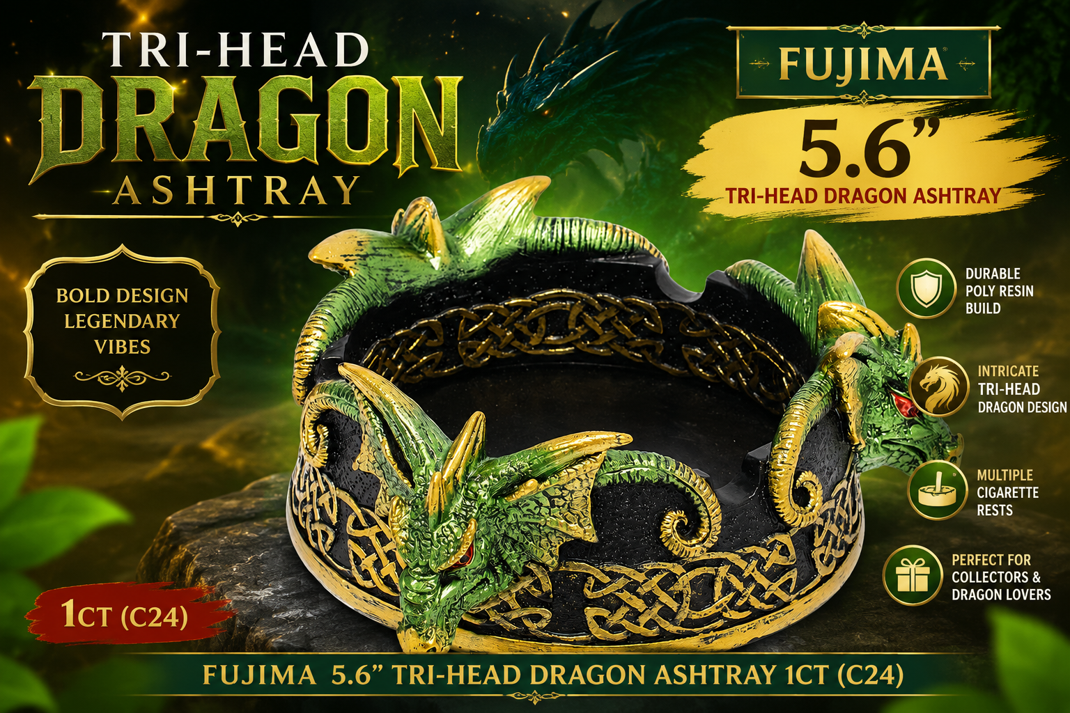 Fujima 5.6" Tri-Head Dragon Ashtray 1CT (C24) product image