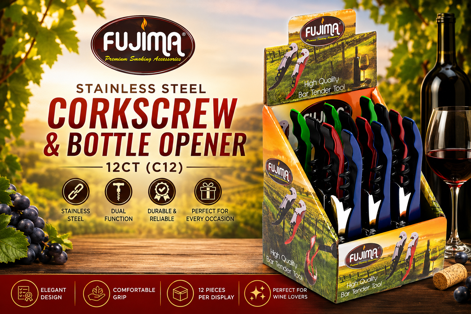 Fujima Stainless Steel Corkscrew & Bottle Opener 12CT (C12) product image