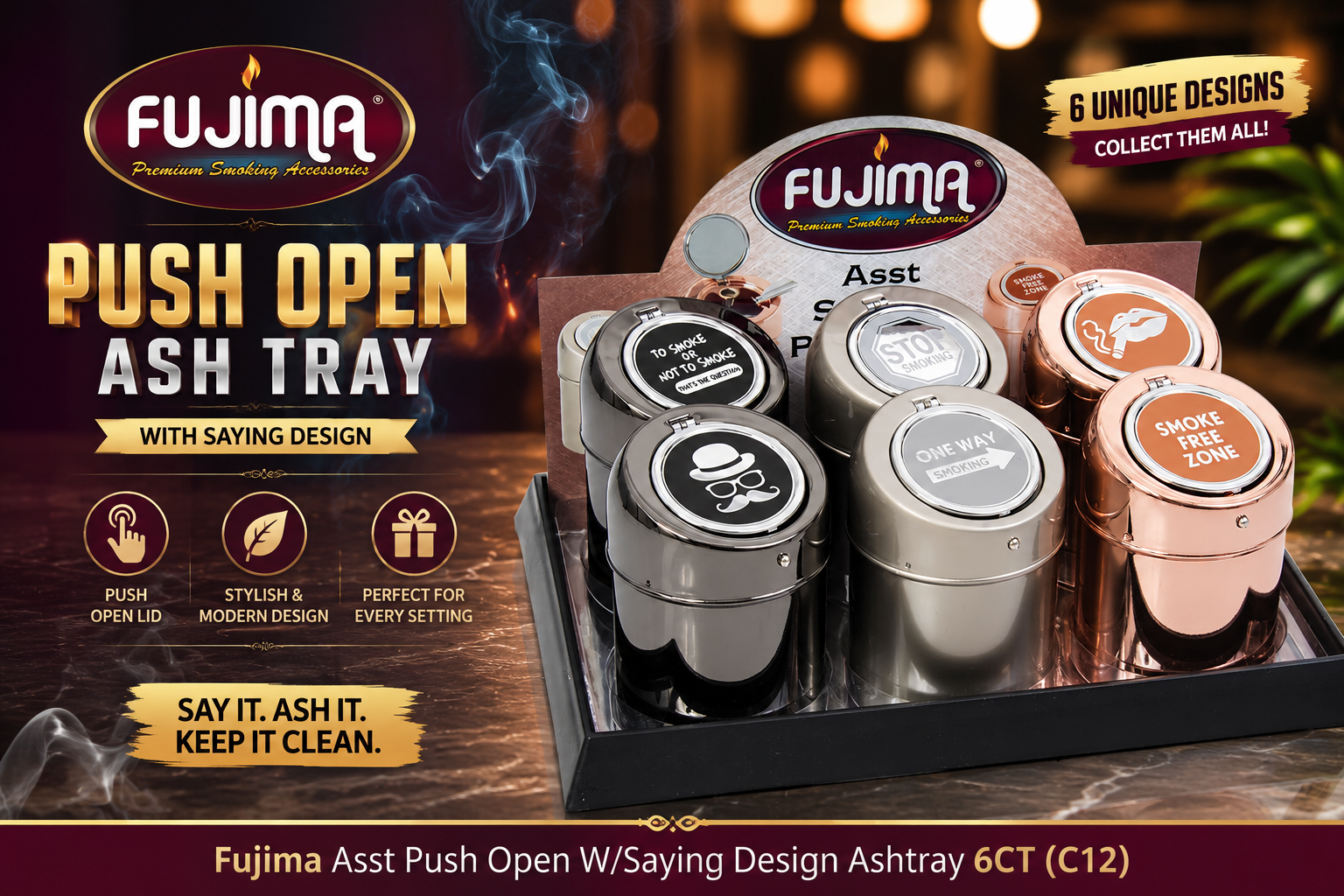 Ashtray Fujima Asst Push Open W/Saying Design Ashtray 6CT (C12) product image