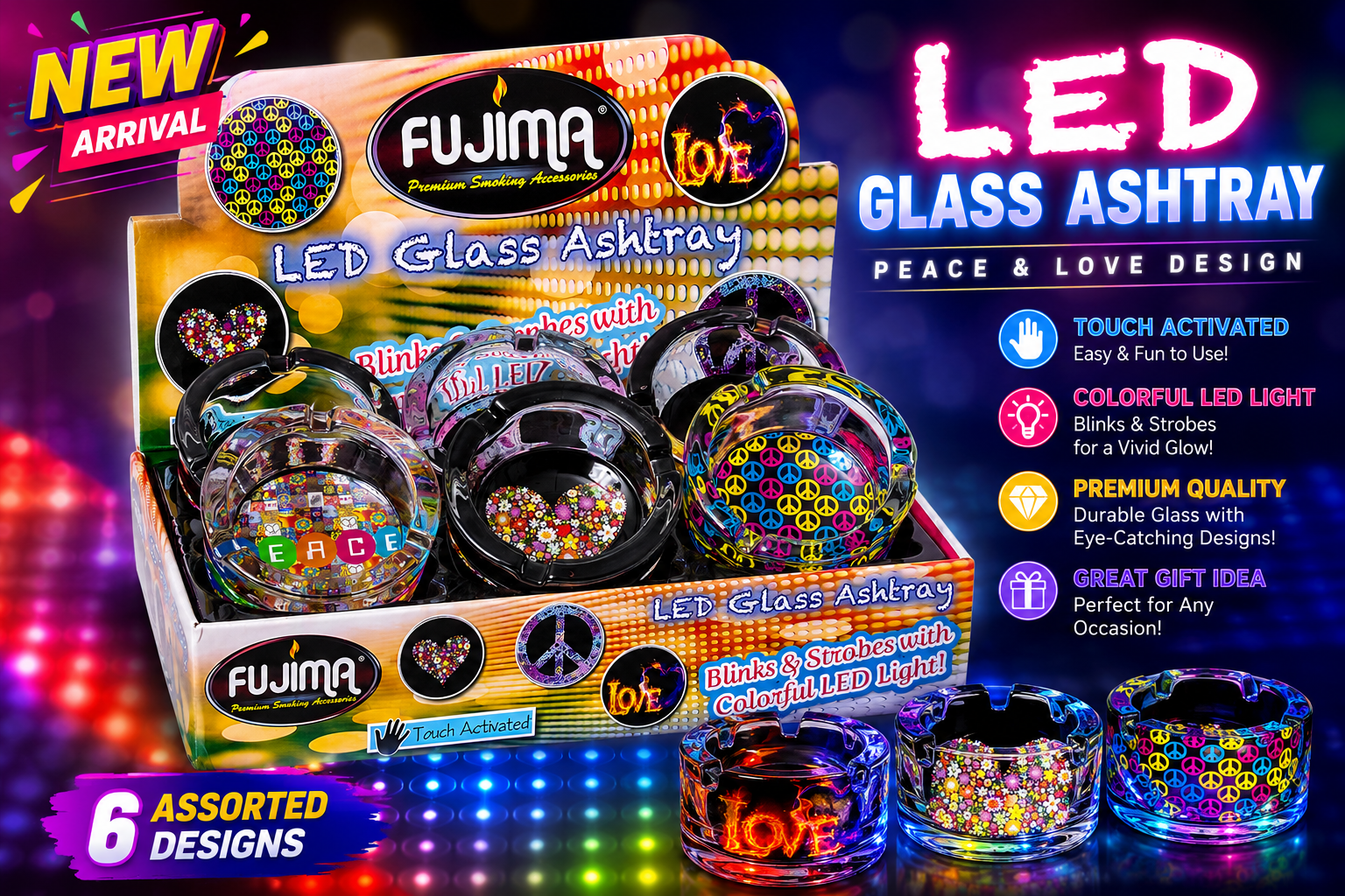 Ashtray Fujima Ga52 Asst Led Light Peace & Love Design 6CT (C6) product image