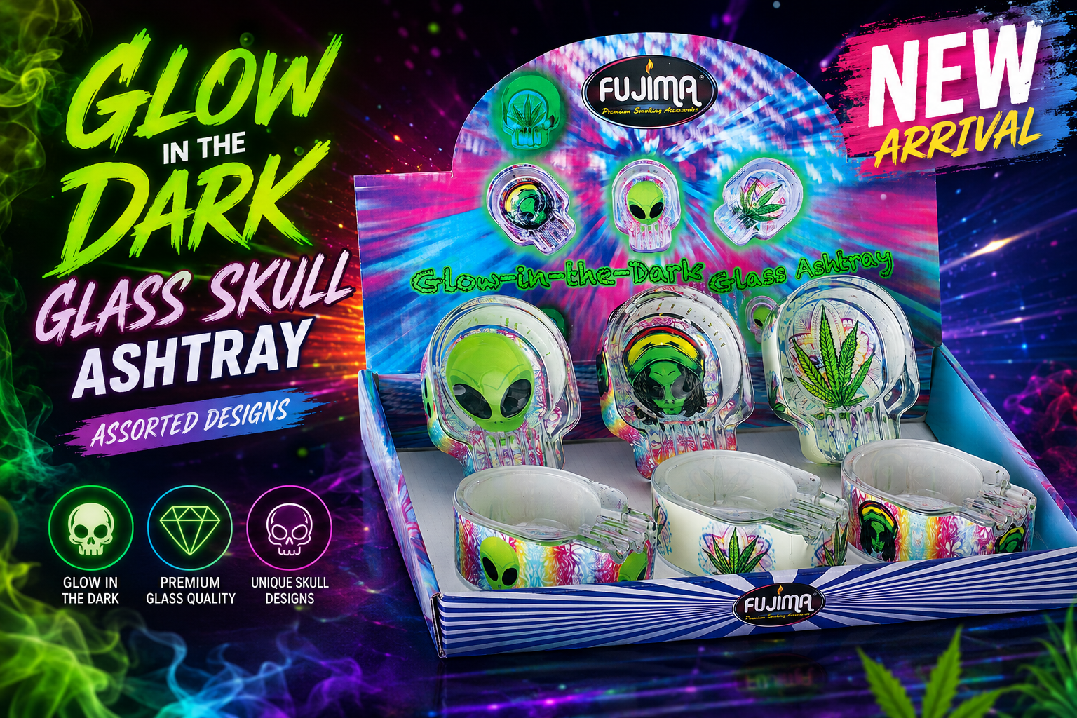 Ashtray Fujima Ga43 Asst Glass Skull Glow In Dark Ashtray 6CT (C6) product image