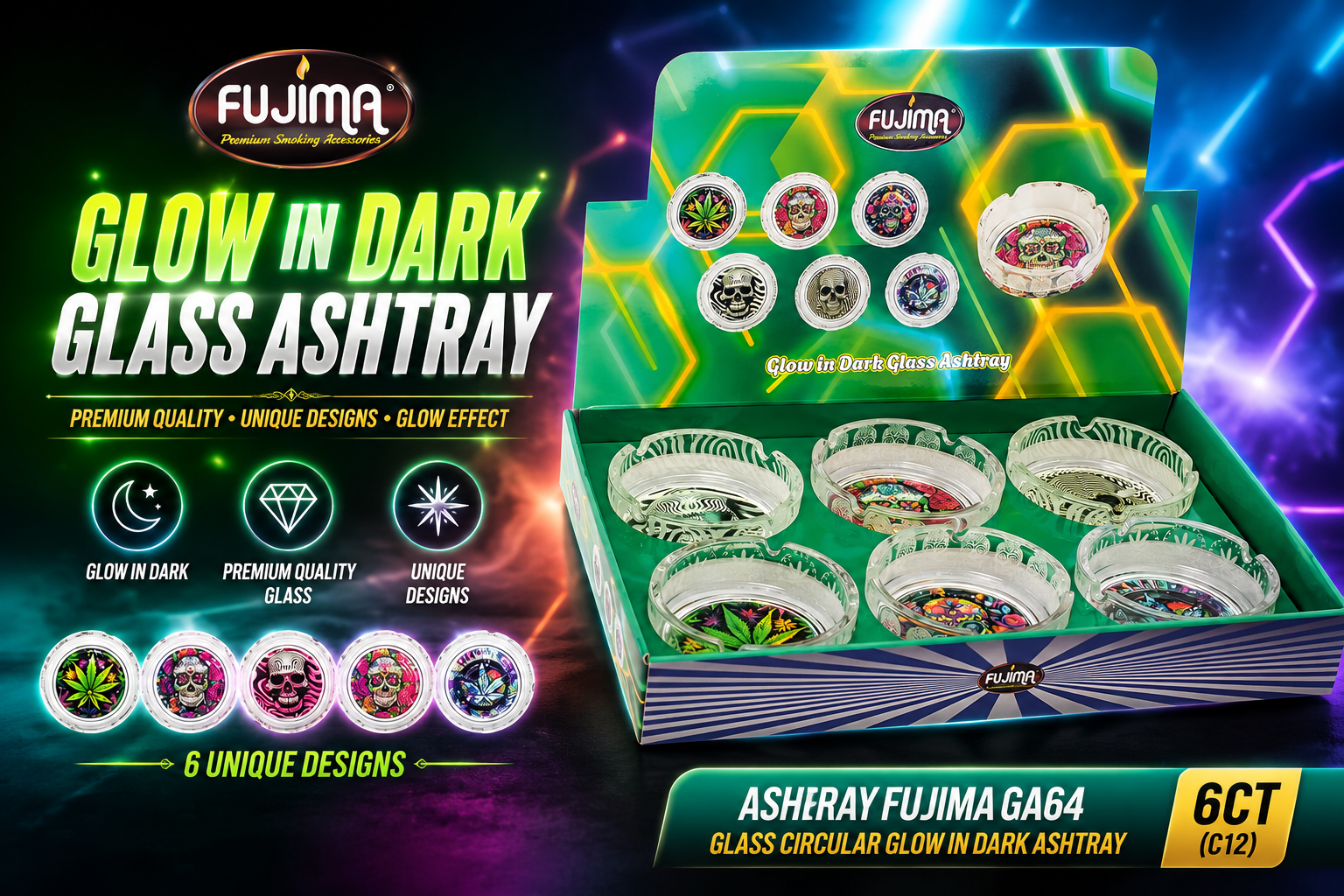 Ashtray Fujima Ga64 Glass Circular Glow In Dark Ashtray 6CT (C12) product image