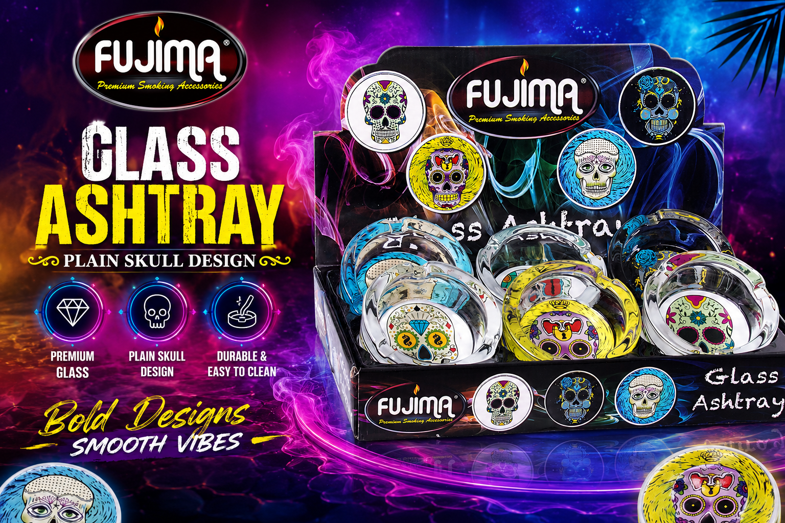 Ashtray Fujima Ga36 Asst Glass Plain Skull Design 6CT (C6) product image