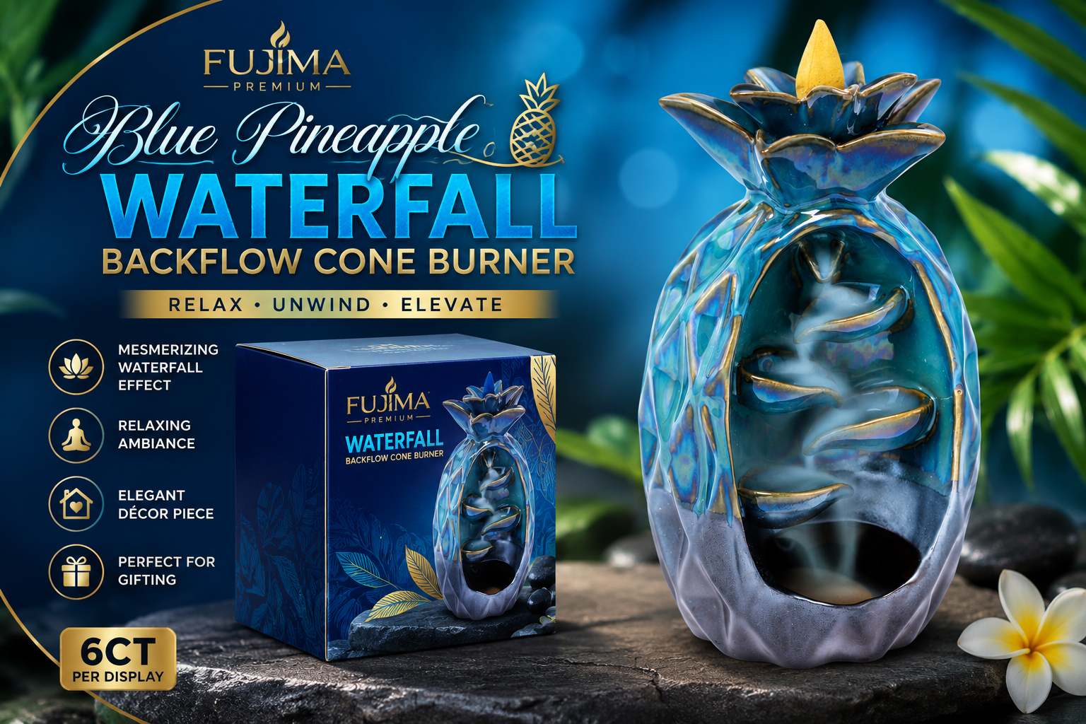 Fujima 7" Blue Pineapple Waterfall Backflow Cone Burner 6CT product image