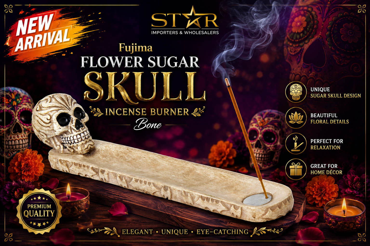 Fujima 10" Flower Sugar Skull Incense Burner Bone product image