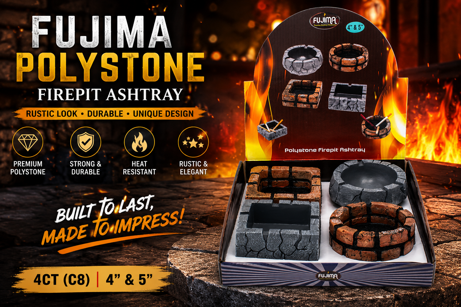 Fujima 4" & 5" Polystone Firepit Ashtray 4CT (C8) product image