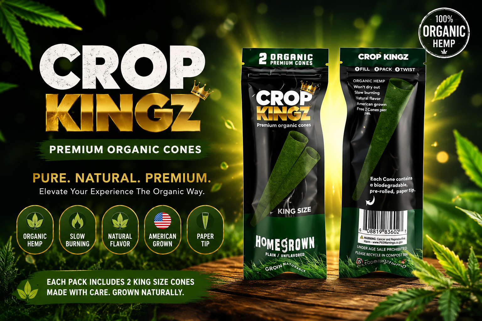 CP Crop Kingz Homegrown Plain Unflavoured Organic Cones K/S 10CT product image