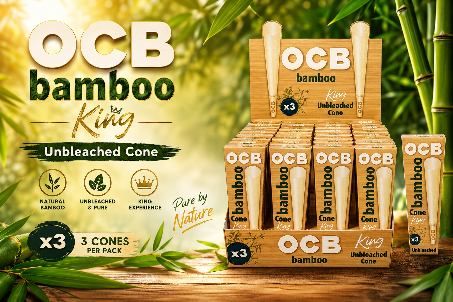 CP Ocb Bamboo Unbleached Cone King Size 3Pk 24CT (C20) product image