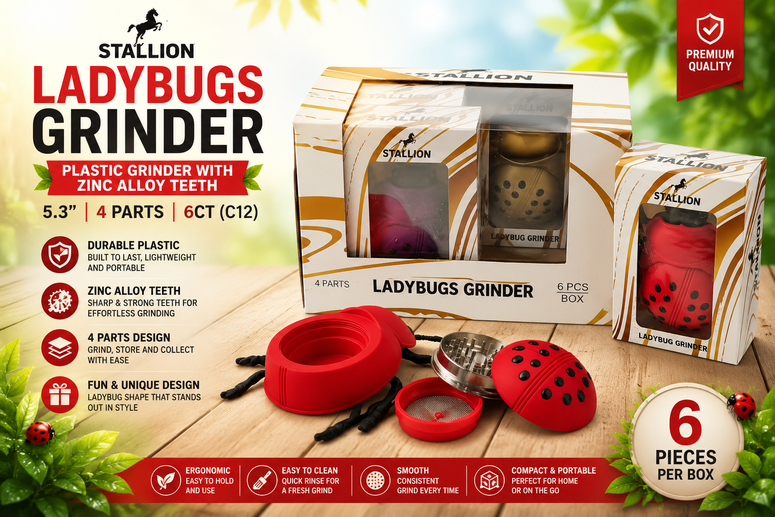 Stallion Plastic Grinder Ladybugs With Zinc Alloy Teeth 5.3" 4 Parts 6CT (C12) product image