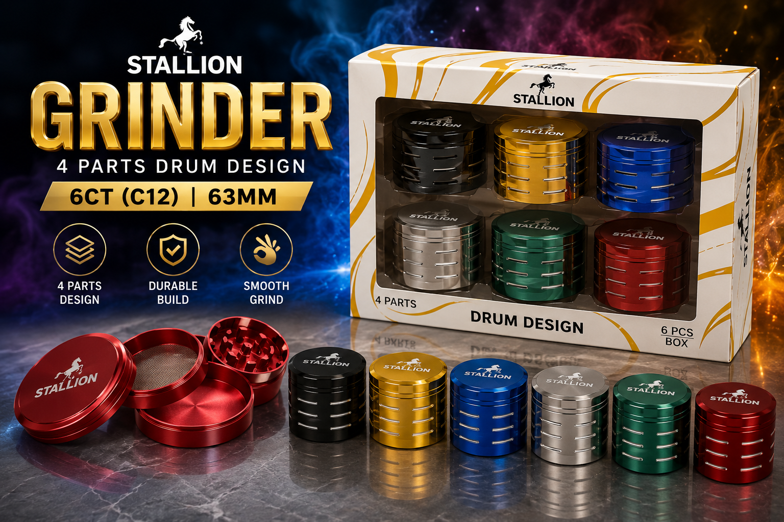 Stallion Grinder 4 Parts 6Ct 63MM Drum Design (C12)  product image