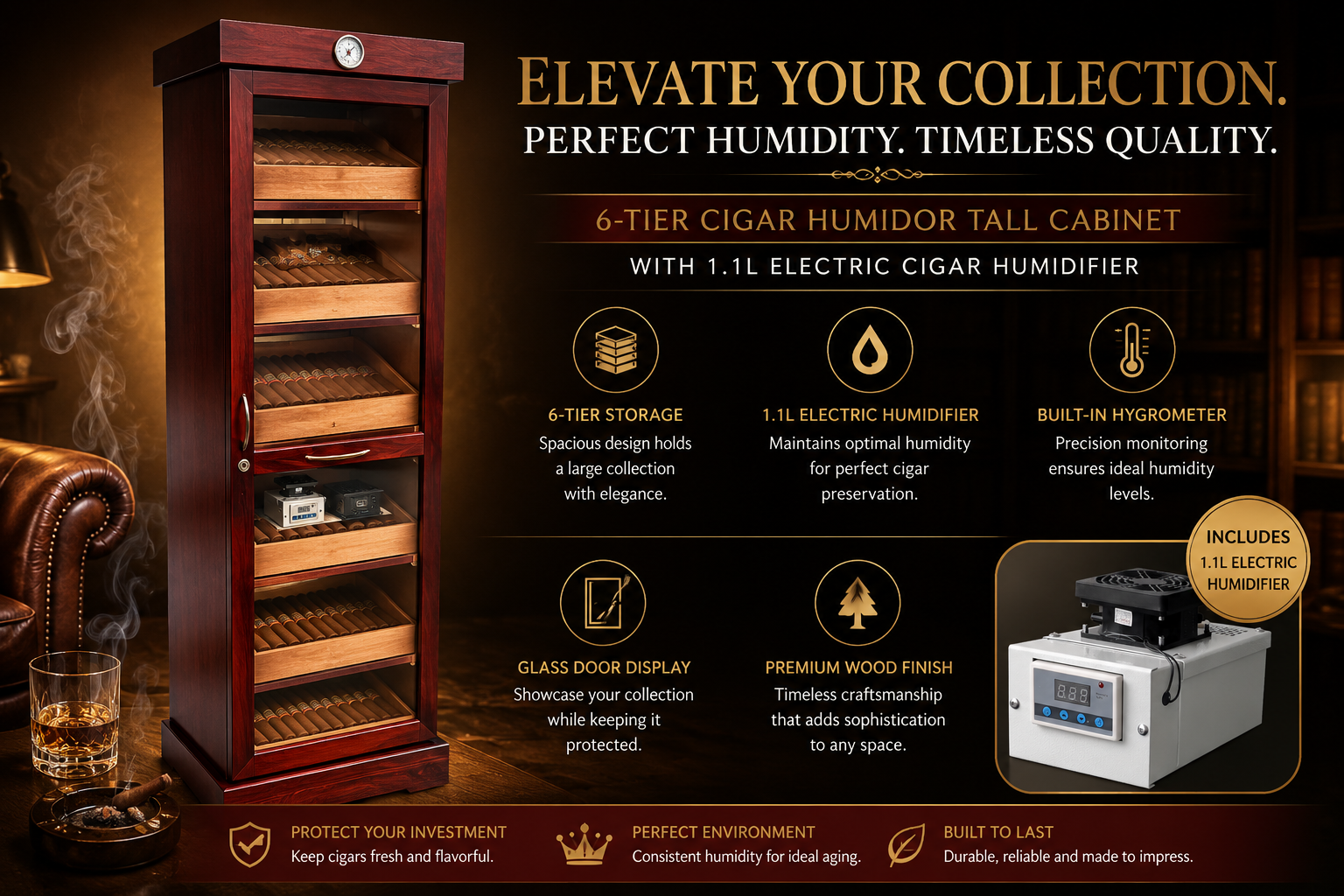 6-Tier Cigar Humidor Tall Cabinet (23in x 17in x 70in) W/1.1L Electric Cigar Humidifier product image
