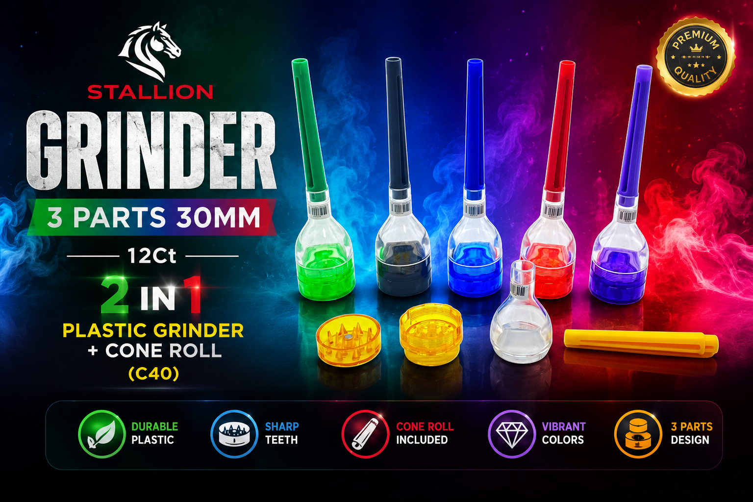 Stallion Grinder 3 Parts 30MM 12Ct 2 In 1 Plastic Grinder + Cone Roll (C40) product image